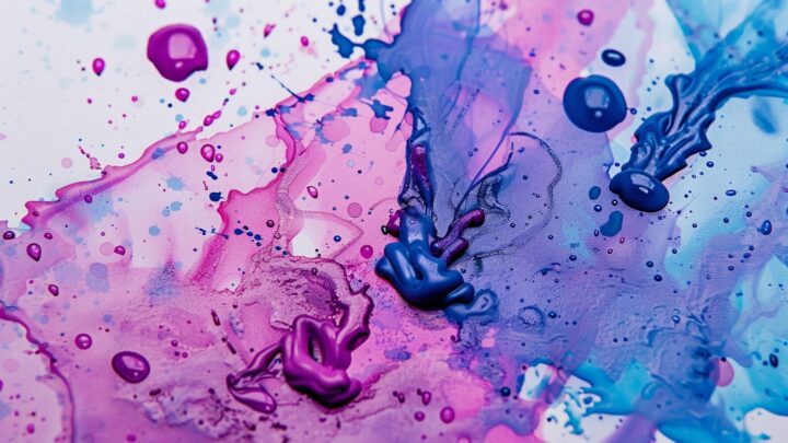 Artiste mélangeant des peintures bleue et rouge sur une palette pour obtenir un violet vif