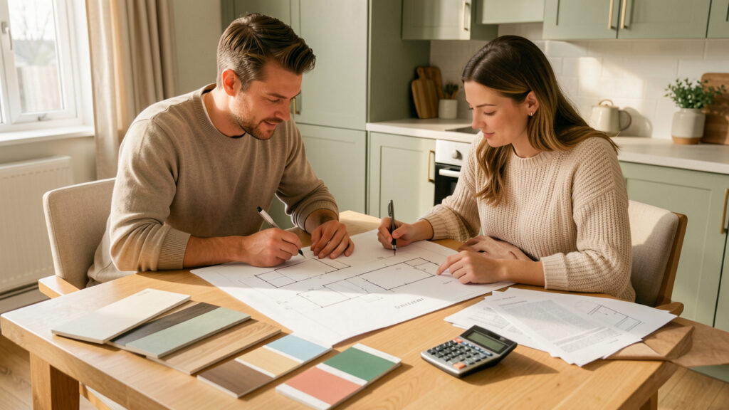 Un homme et une femme examinent ensemble des plans de cuisine, des &eacute;chantillons de fa&ccedil;ades et une calculatrice sur une table en bois.