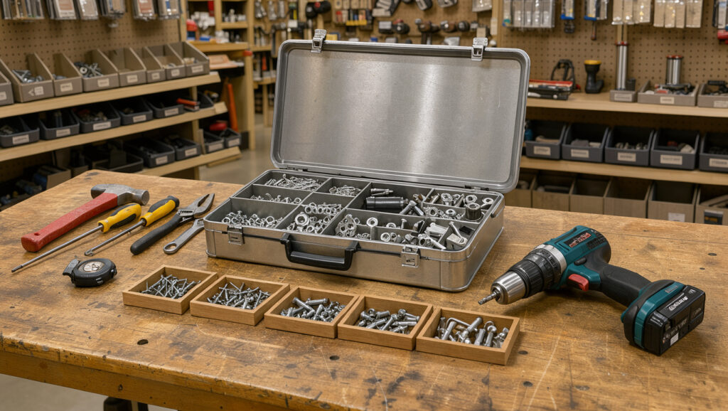 &Eacute;tabli de bricolage lumineux pr&eacute;sentant une visseuse sans fil, un coffret d&rsquo;outils et du mat&eacute;riel soigneusement organis&eacute; dans un magasin de bricolage.