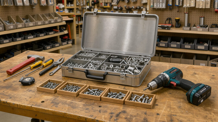 Établi de bricolage lumineux présentant une visseuse sans fil, un coffret d’outils et du matériel soigneusement organisé dans un magasin de bricolage.
